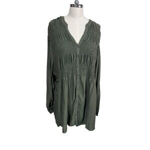 Torrid Olive Green Smocked V Neck Long Sleeve Tunic Top Plus Size 4